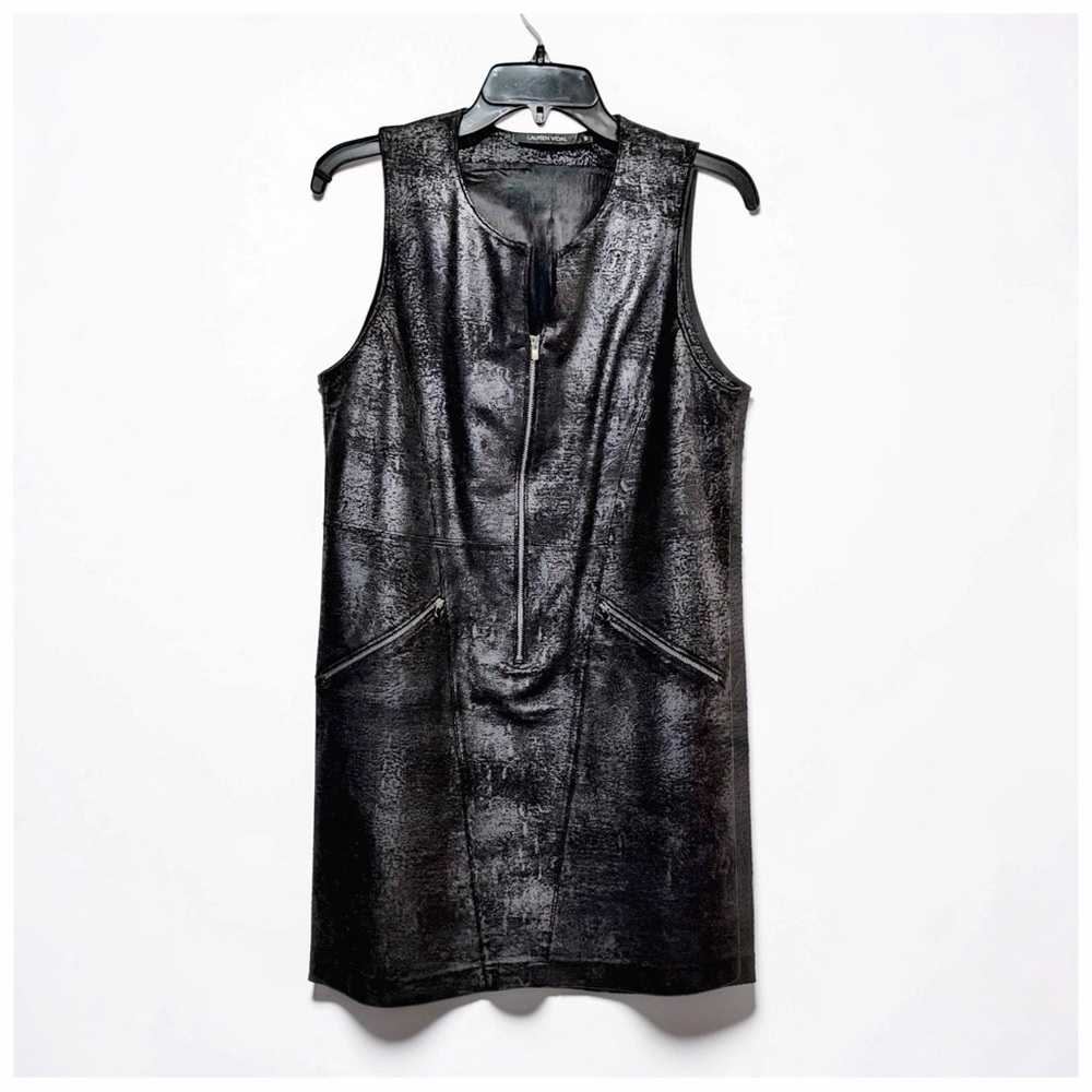Lauren Vidal Black Textured Zip Front Sleeveless Dress |Minimalist | Luxe | S - Picture 8 of 11
